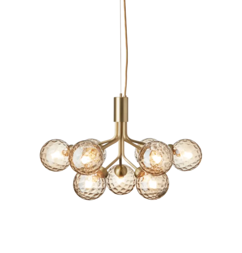 Apiales 9 lysekrone, børstet messing/optic guld glas