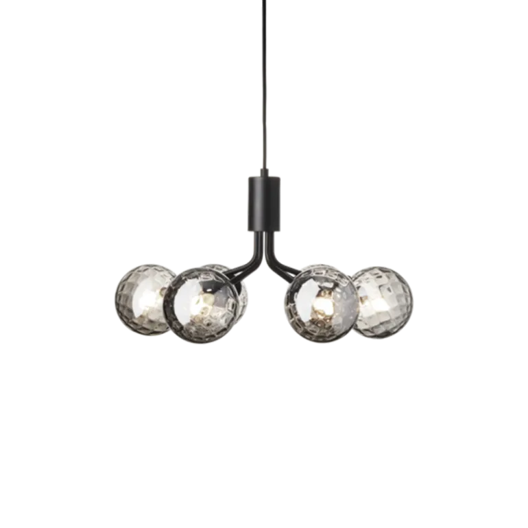 Apiales 6 lysekrone, satin sort/optic smoked glas